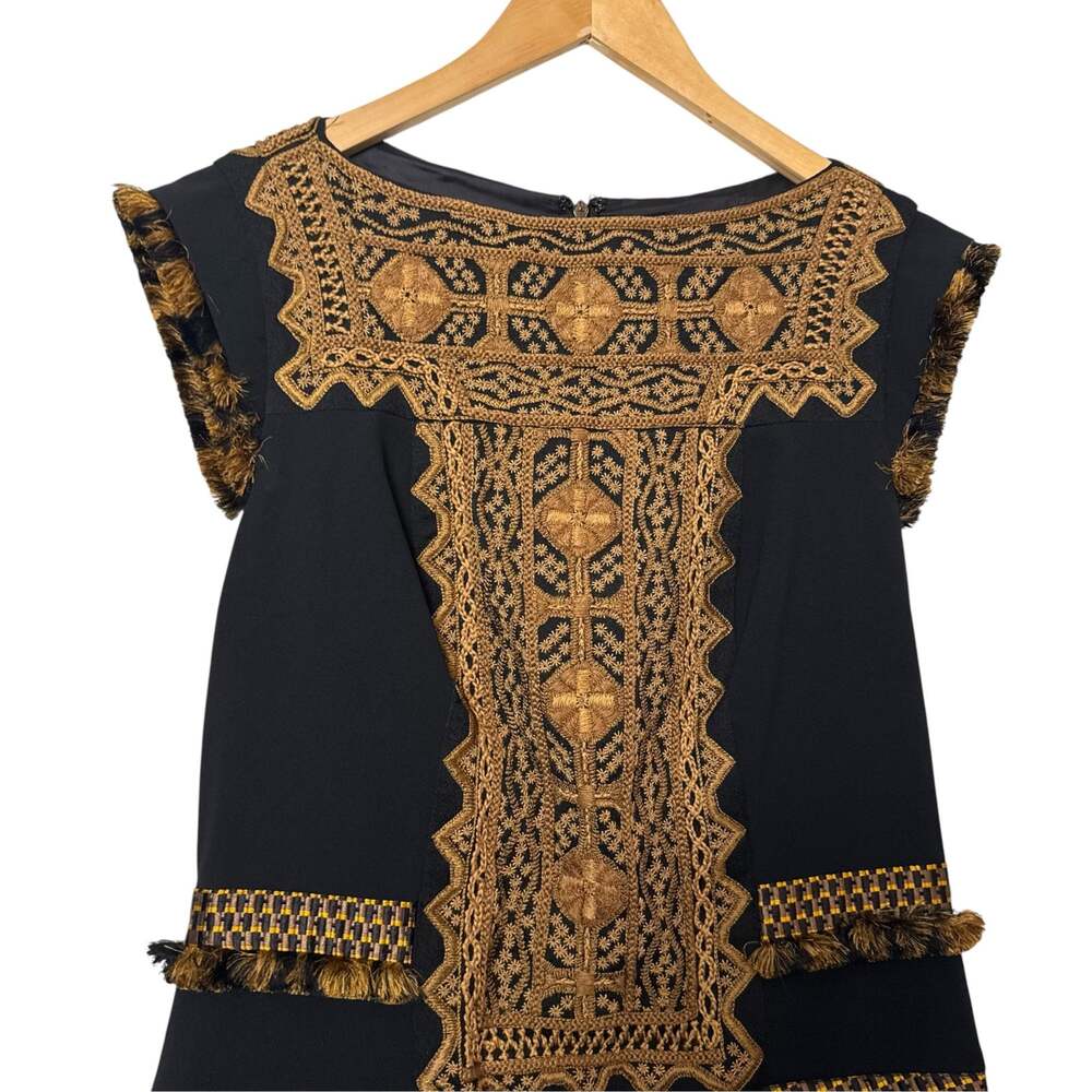 Etro Black Gold Boho Embroidered Tassel Pleated Cap Sleeve Mini Dress Size 4 - Picture 3 of 14